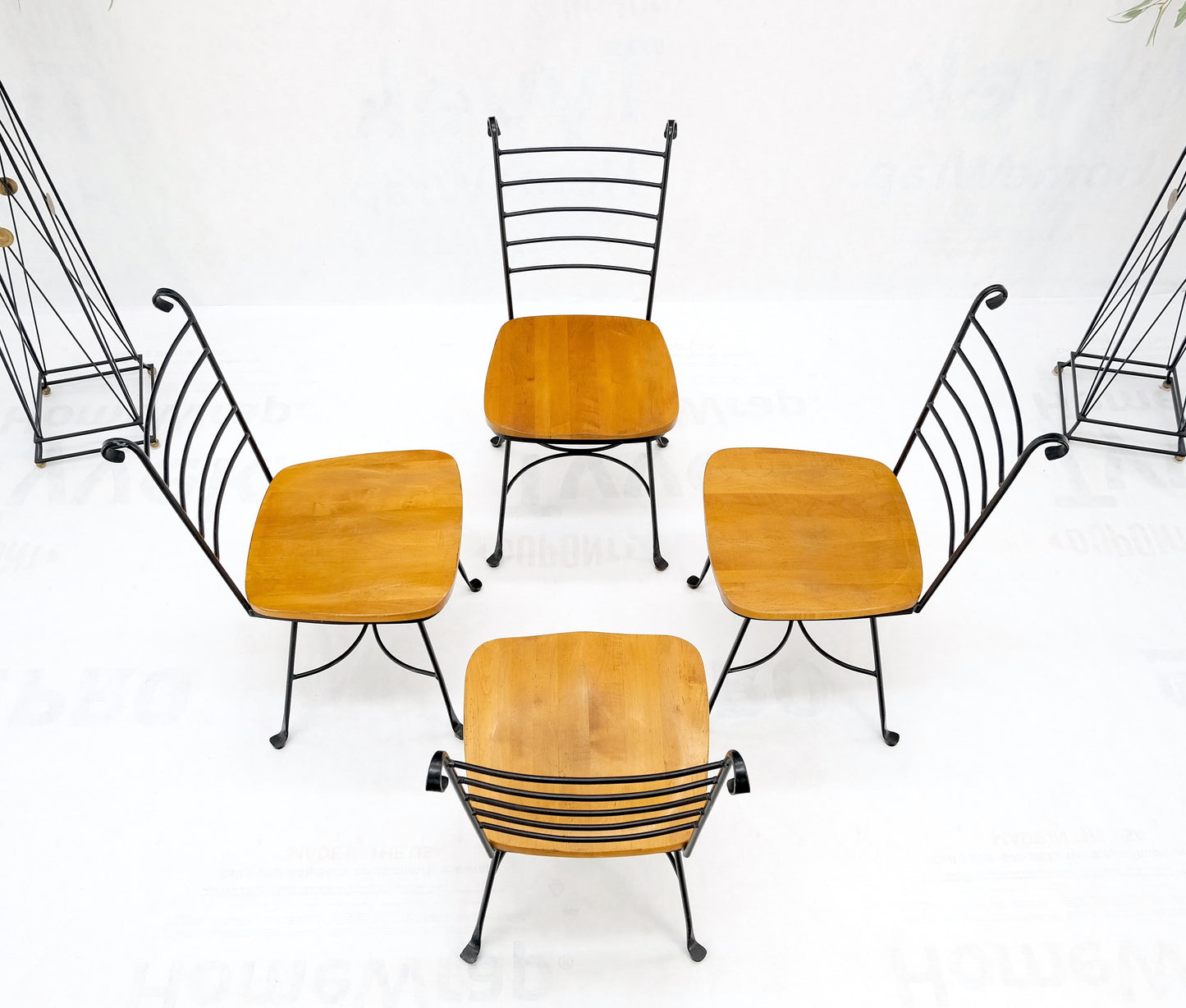 American Mid-Century Modern Wrought Iron & Solid Birch Seats Dining Chairs Mint