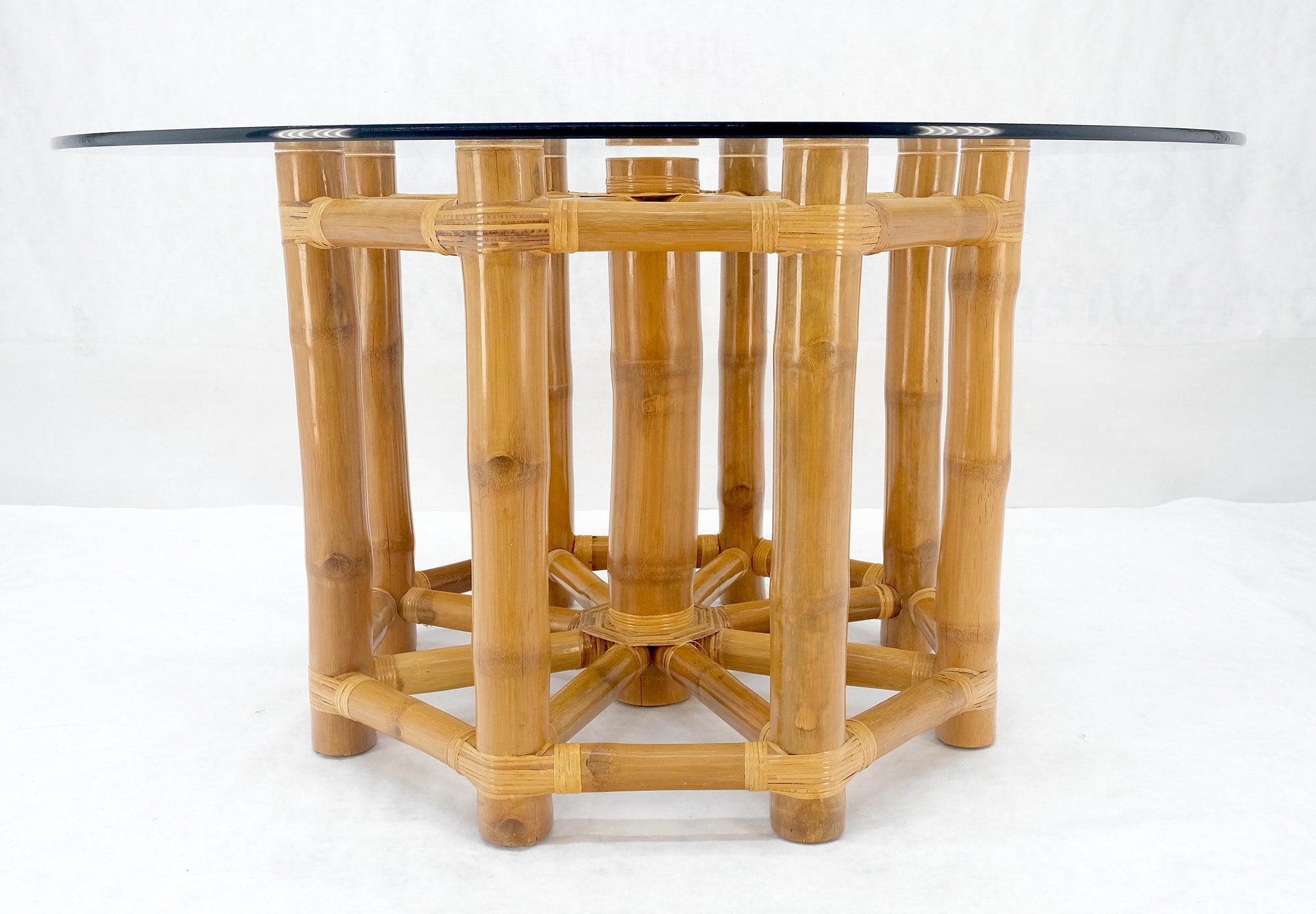 EstablishedLines Large 54" Diameter Glass Top Thick Bamboo Base Dining Table Decorative MINT