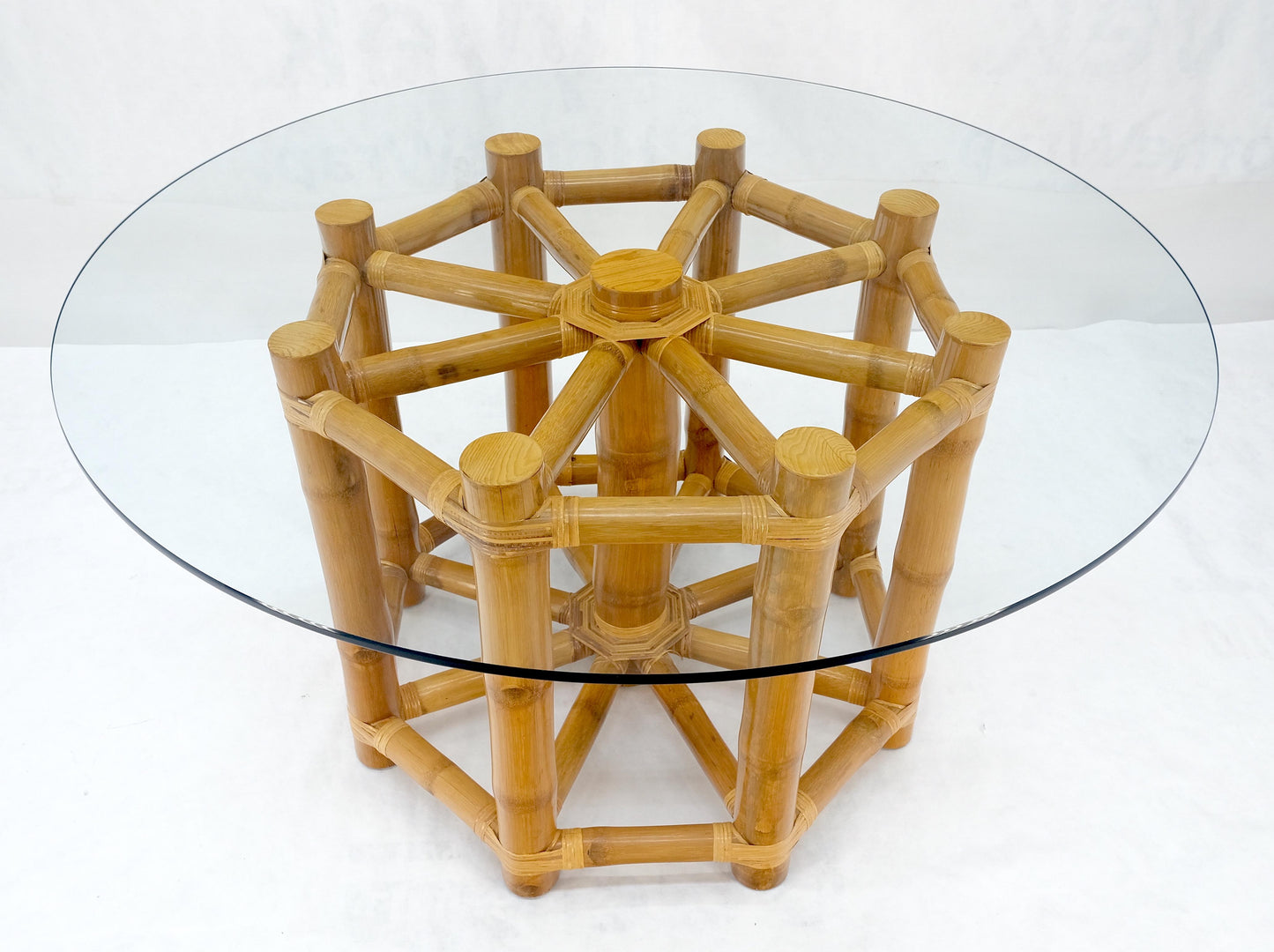 EstablishedLines Large 54" Diameter Glass Top Thick Bamboo Base Dining Table Decorative MINT