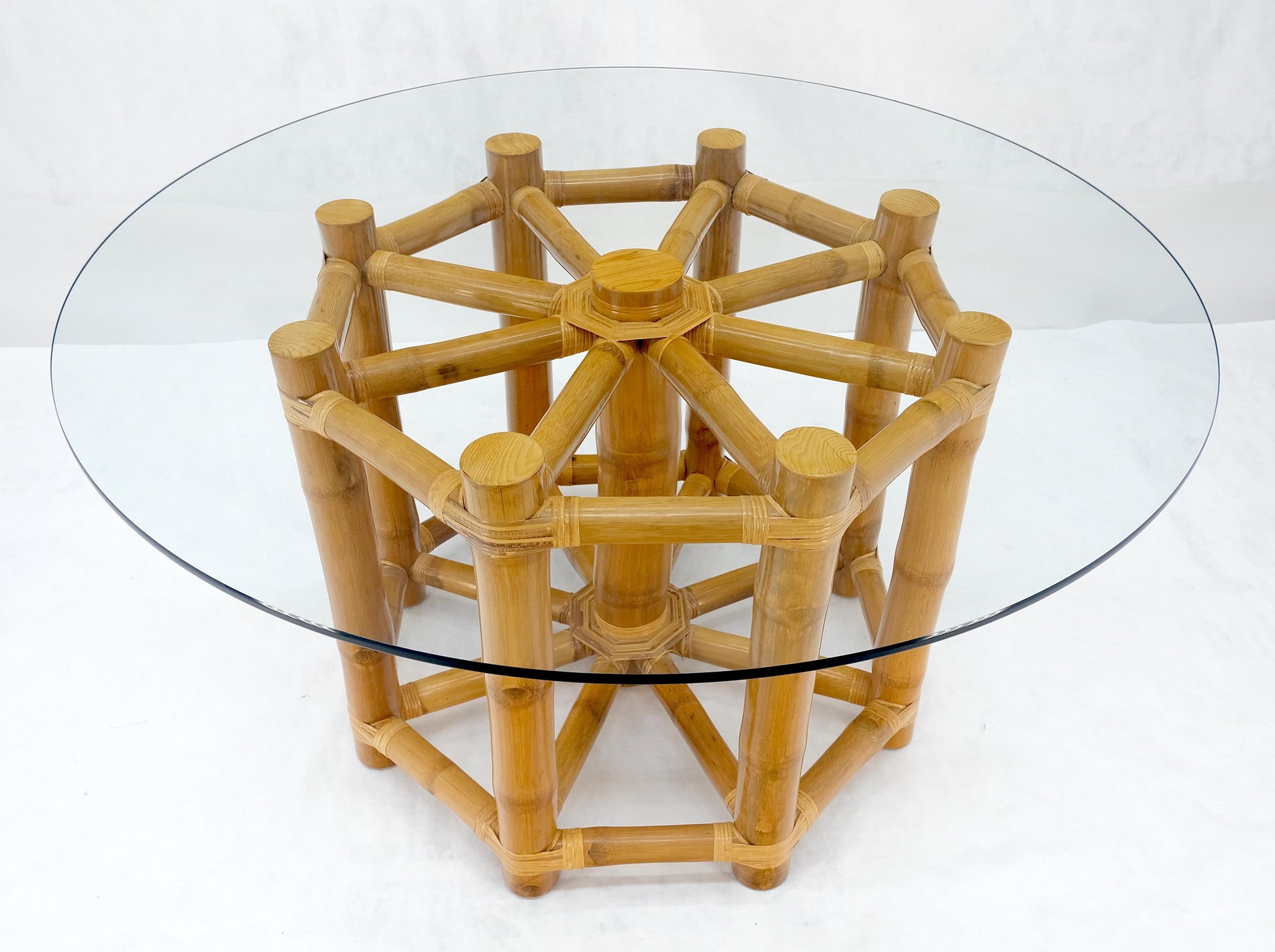 EstablishedLines Large 54" Diameter Glass Top Thick Bamboo Base Dining Table Decorative MINT