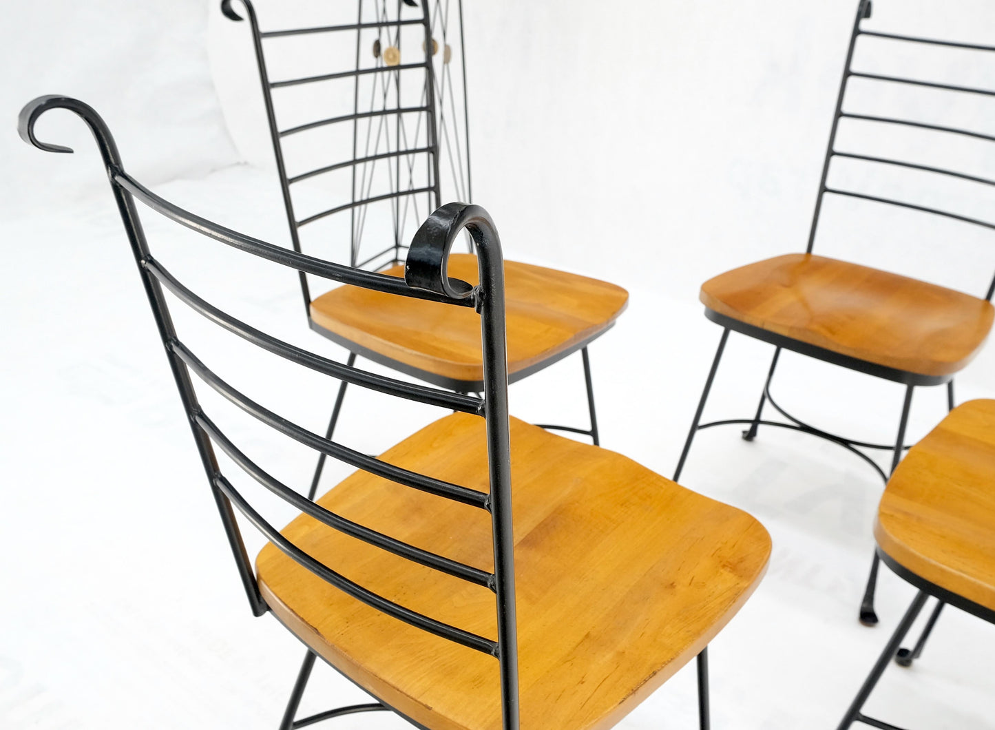 American Mid-Century Modern Wrought Iron & Solid Birch Seats Dining Chairs Mint