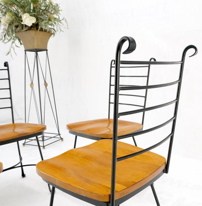 American Mid-Century Modern Wrought Iron & Solid Birch Seats Dining Chairs Mint