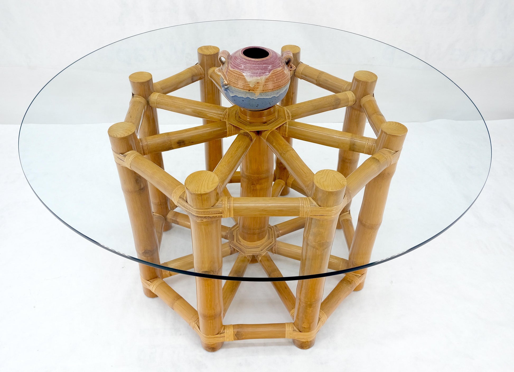 EstablishedLines Large 54" Diameter Glass Top Thick Bamboo Base Dining Table Decorative MINT