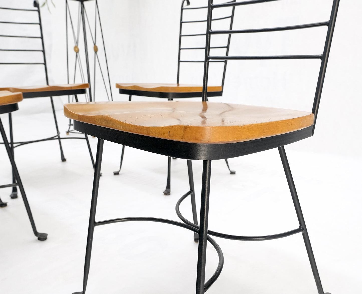 American Mid-Century Modern Wrought Iron & Solid Birch Seats Dining Chairs Mint