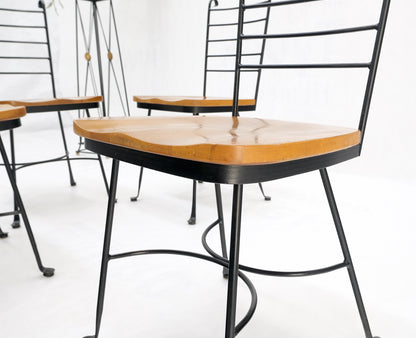 American Mid-Century Modern Wrought Iron & Solid Birch Seats Dining Chairs Mint