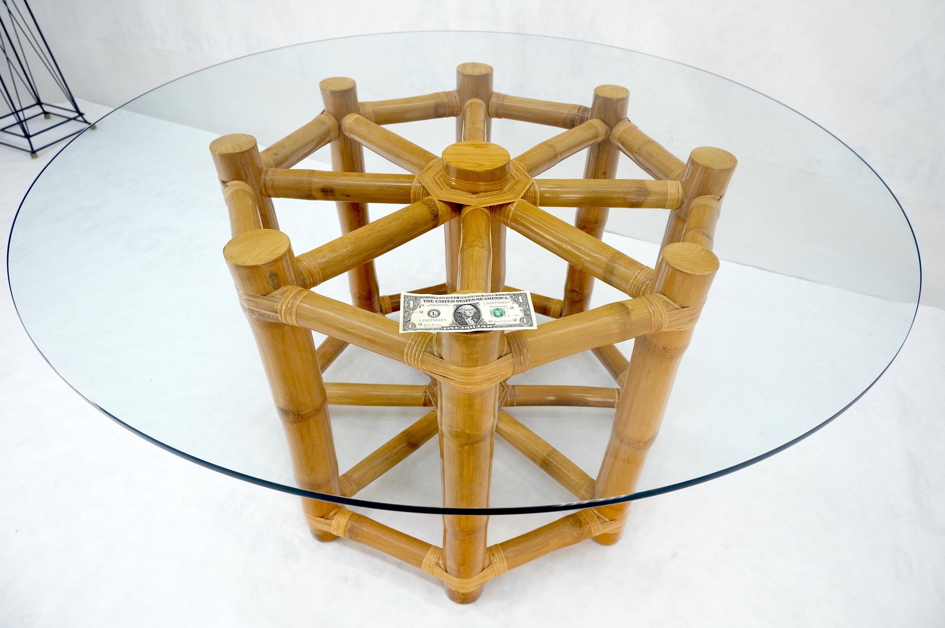 EstablishedLines Large 54" Diameter Glass Top Thick Bamboo Base Dining Table Decorative MINT