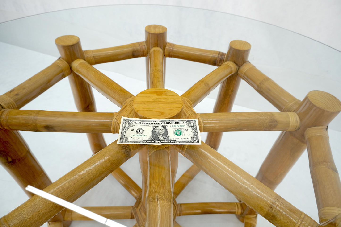EstablishedLines Large 54" Diameter Glass Top Thick Bamboo Base Dining Table Decorative MINT