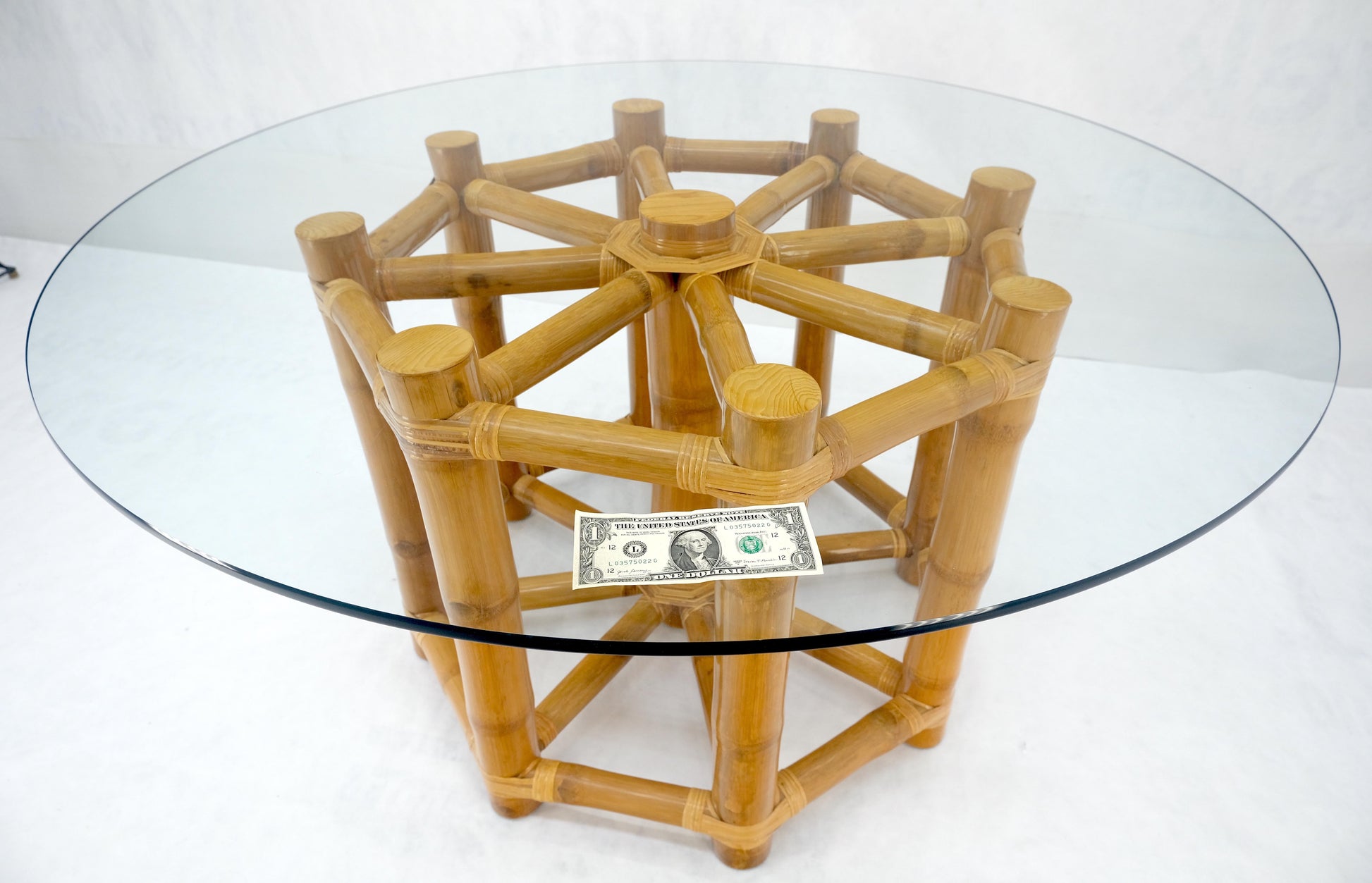 EstablishedLines Large 54" Diameter Glass Top Thick Bamboo Base Dining Table Decorative MINT