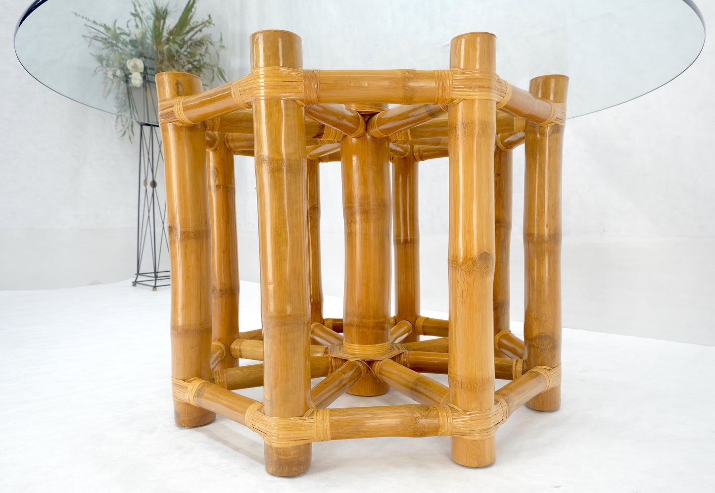 EstablishedLines Large 54" Diameter Glass Top Thick Bamboo Base Dining Table Decorative MINT