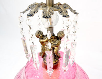 EstablishedLines Pair of Large Cranberry Glass Crystal Decorated Table Lamps MINT!