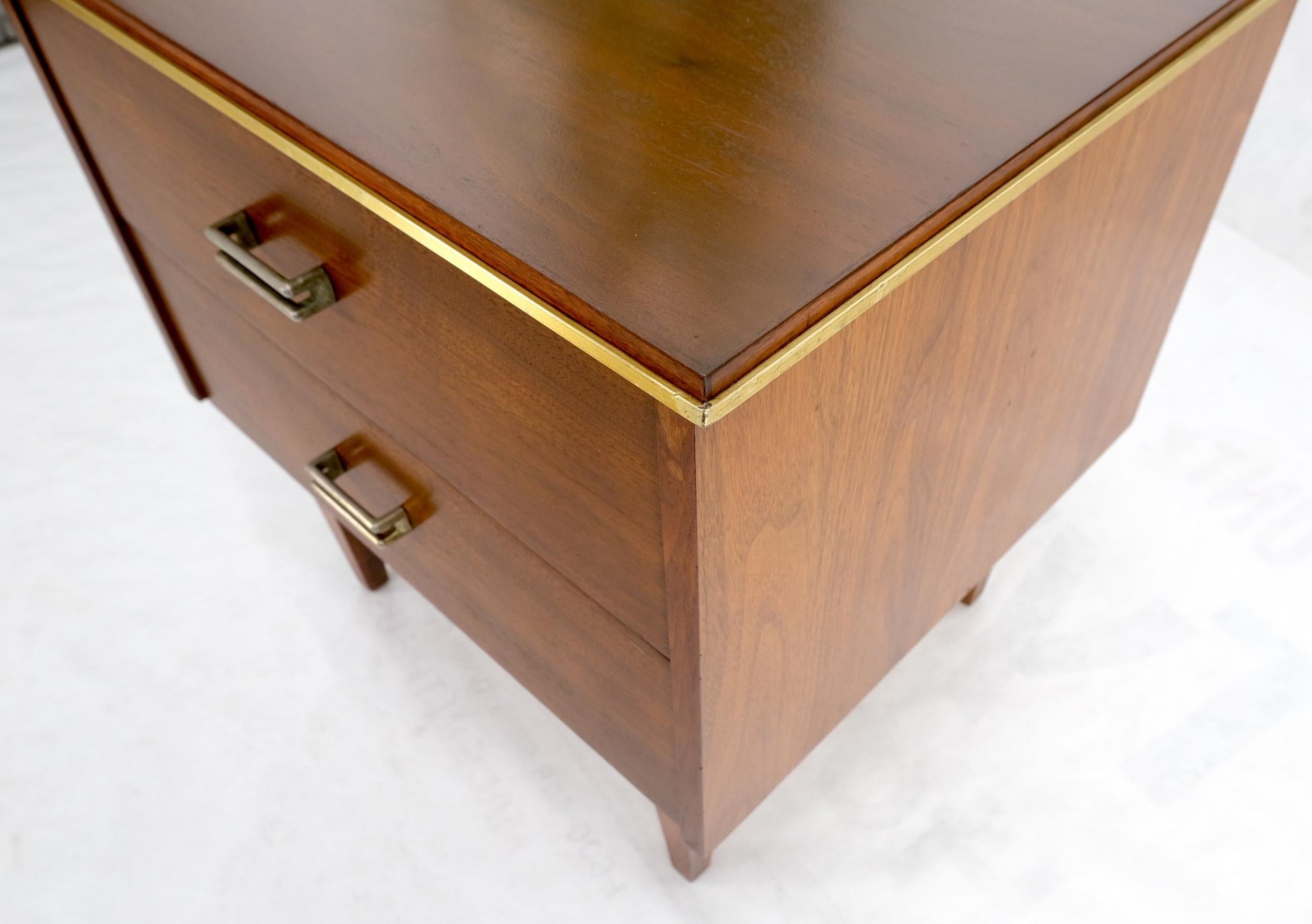 EstablishedLines Square Light Walnut Brass Stretchers Two Drawers Nightstand End Table