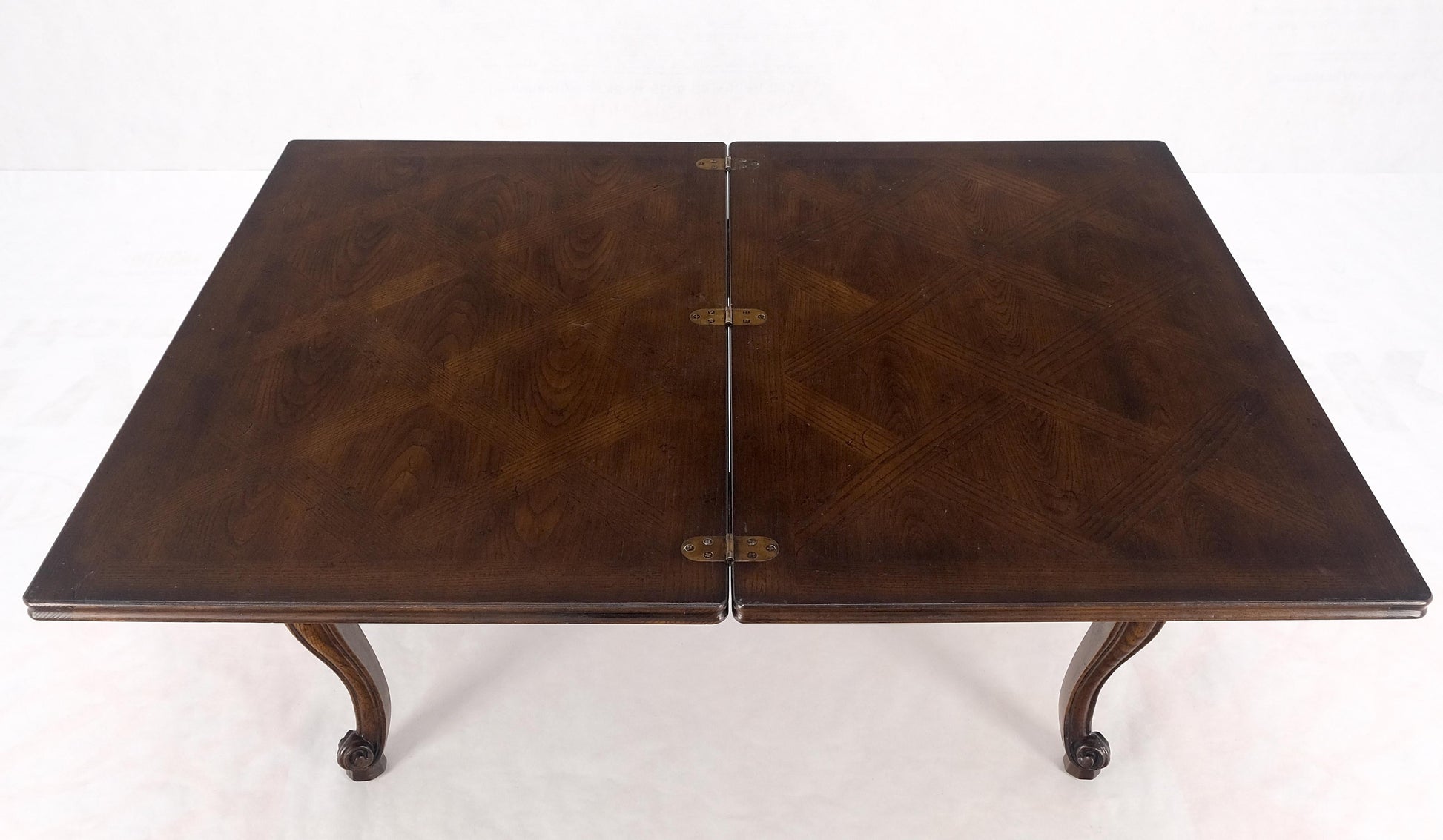 EstablishedLines Flip Top Folding Double Parquet Top Chestnut Coffee Cocktail Table Carved Legs