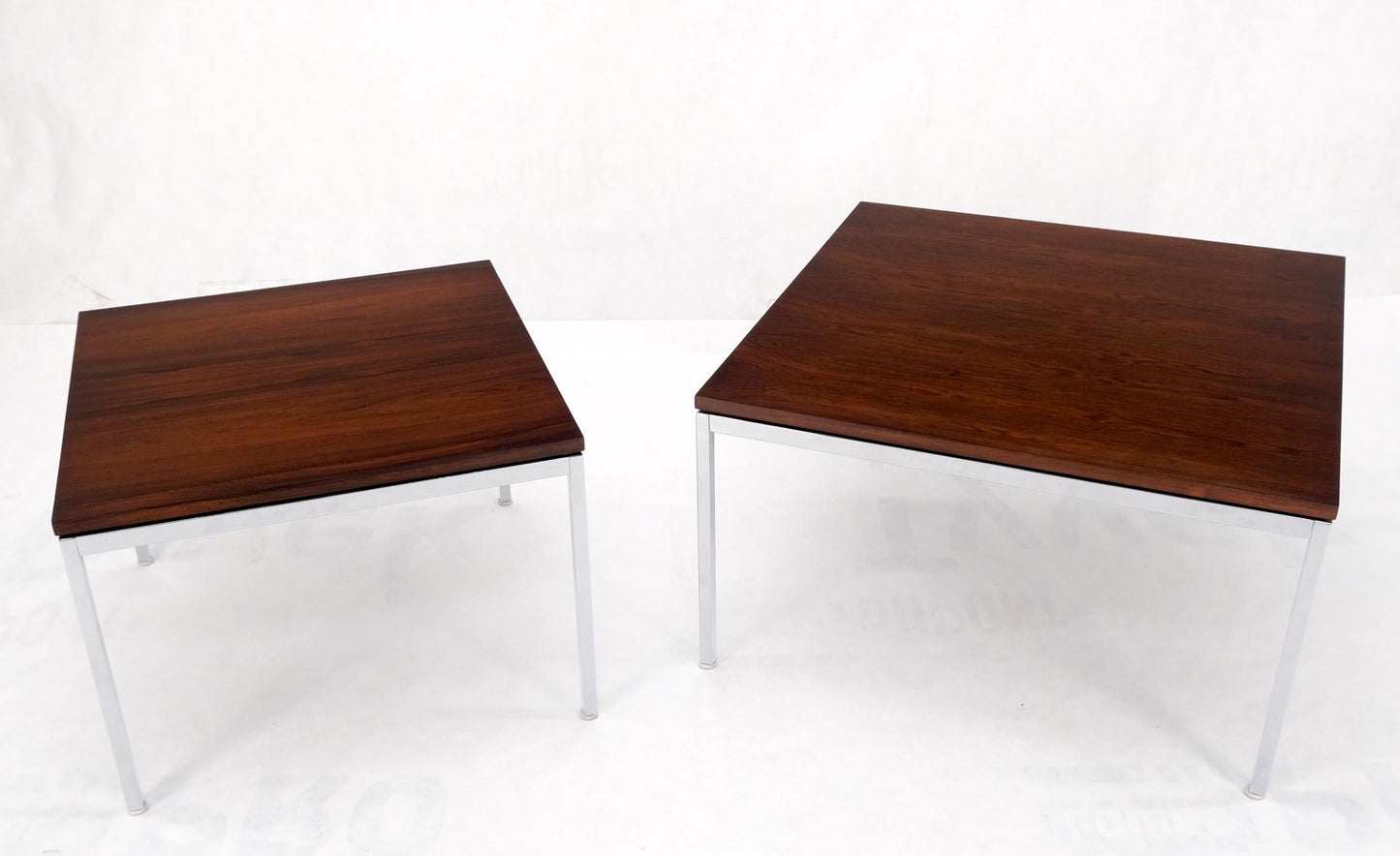 EstablishedLines Non Matching Pair of Rosewood & Crome Square Knoll Side End Tables Stands Mint