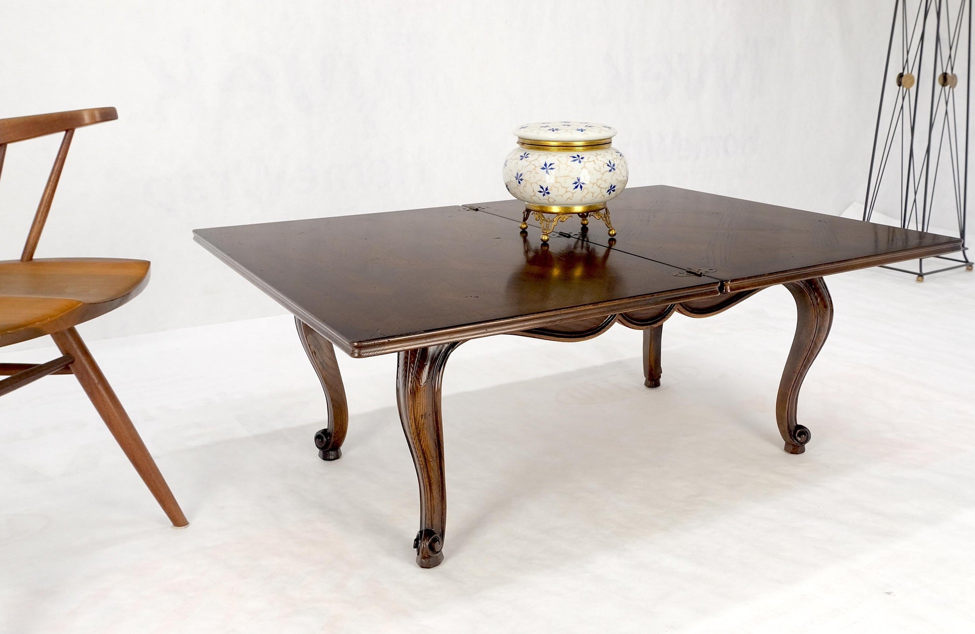 EstablishedLines Flip Top Folding Double Parquet Top Chestnut Coffee Cocktail Table Carved Legs