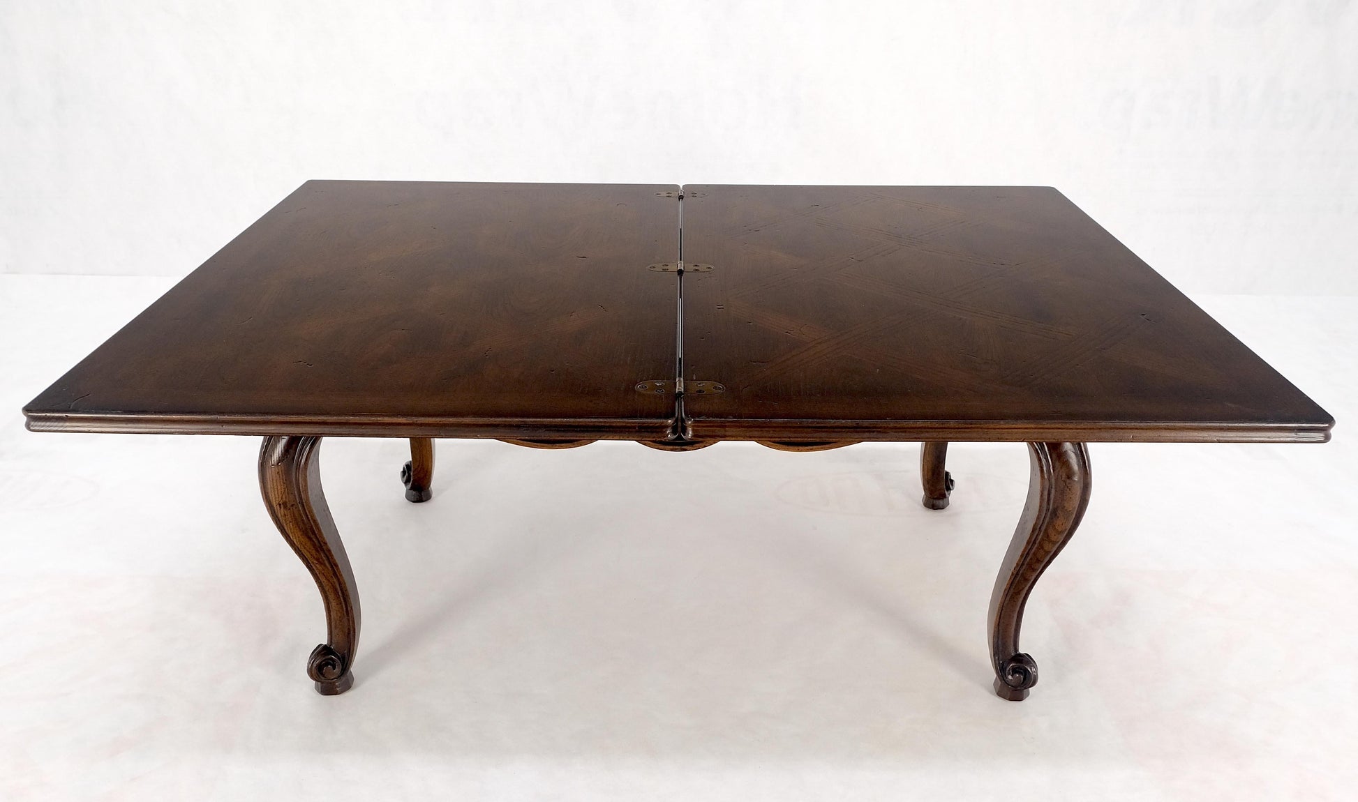EstablishedLines Flip Top Folding Double Parquet Top Chestnut Coffee Cocktail Table Carved Legs