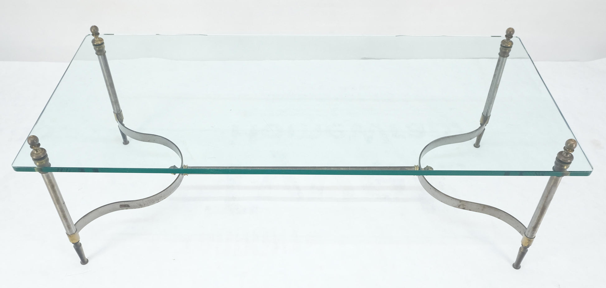 EstablishedLines Thick 3/4" 24x52 Rectangle Glass Top Chrome & Brass  Base MCM Coffee Patina