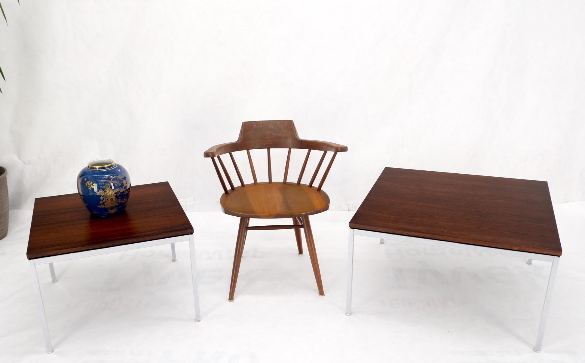 EstablishedLines Non Matching Pair of Rosewood & Crome Square Knoll Side End Tables Stands Mint