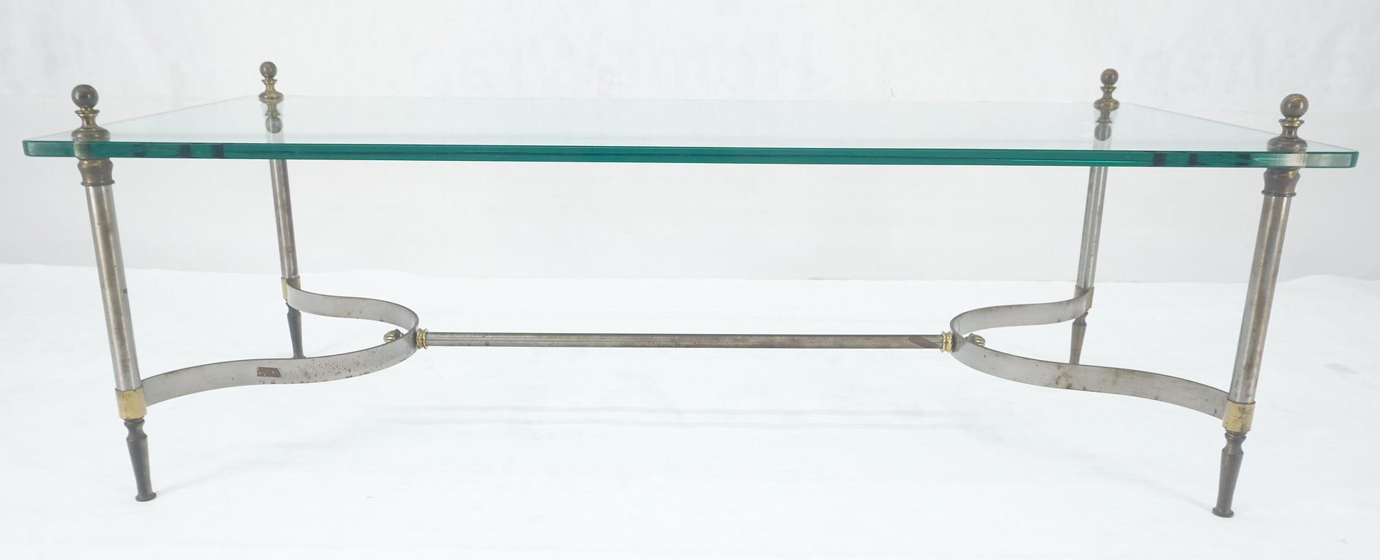 EstablishedLines Thick 3/4" 24x52 Rectangle Glass Top Chrome & Brass  Base MCM Coffee Patina