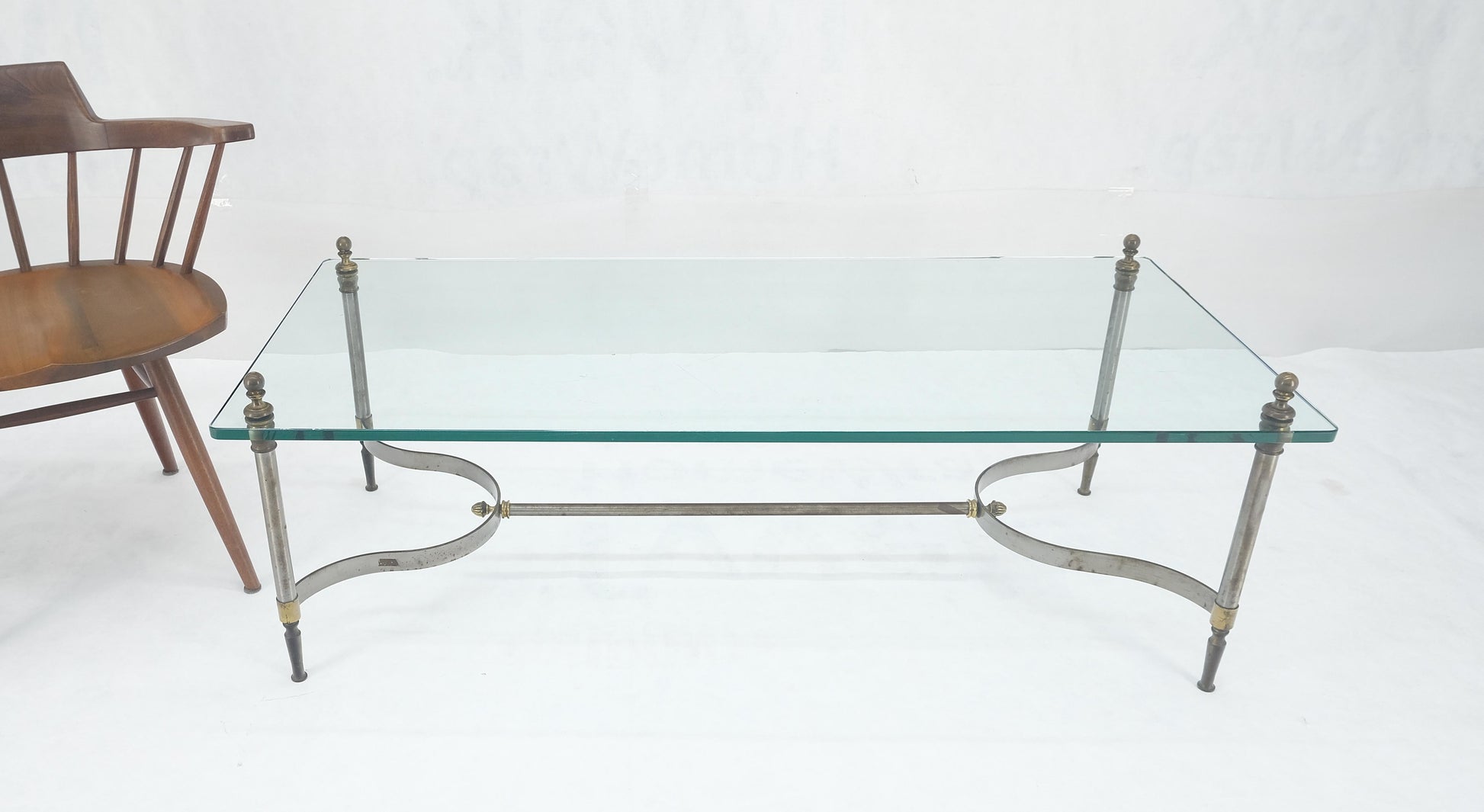 EstablishedLines Thick 3/4" 24x52 Rectangle Glass Top Chrome & Brass  Base MCM Coffee Patina