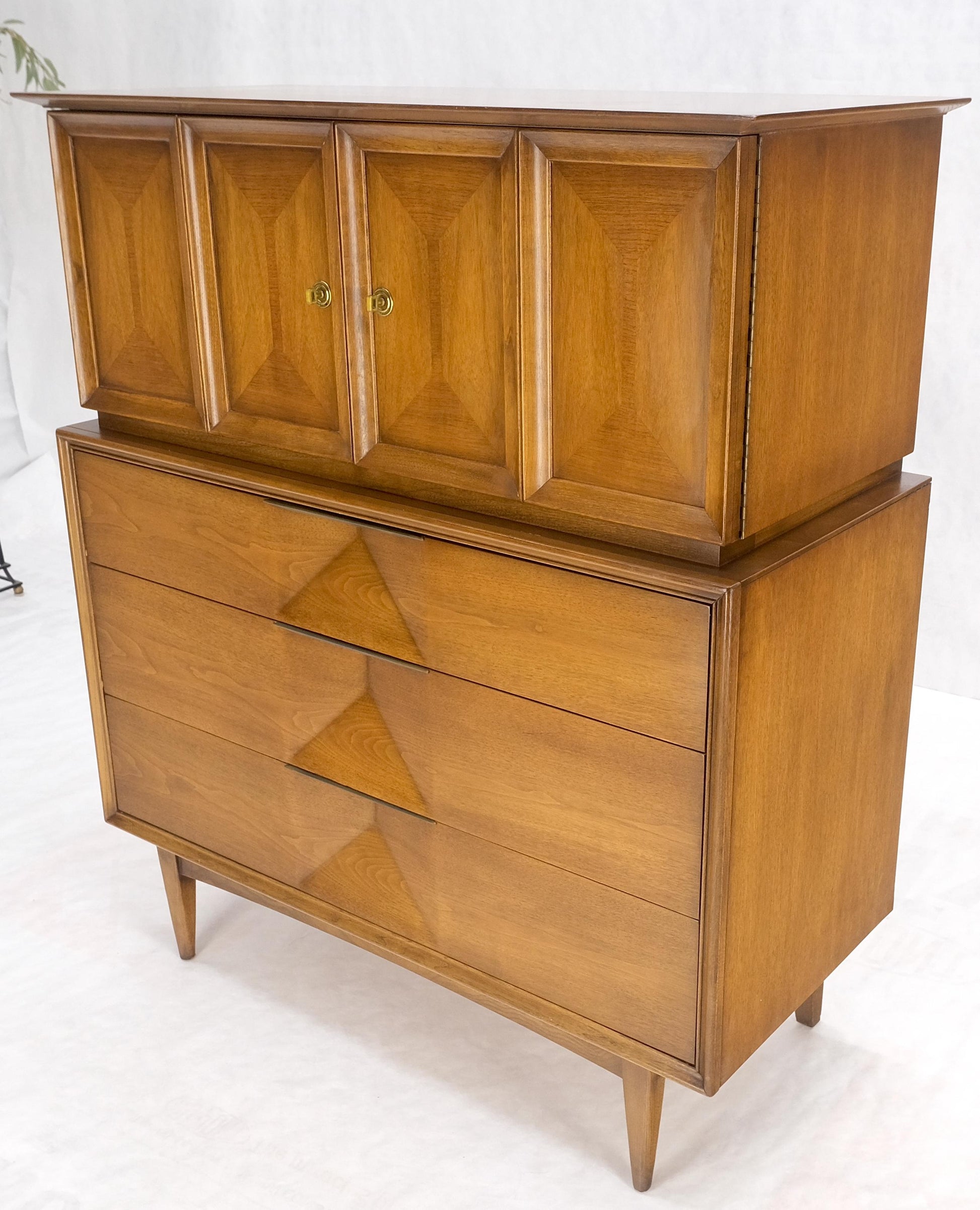 EstablishedLines Light Walnut Sculptural Drawer Fronts Double Door Compartment High Chest Dresser
