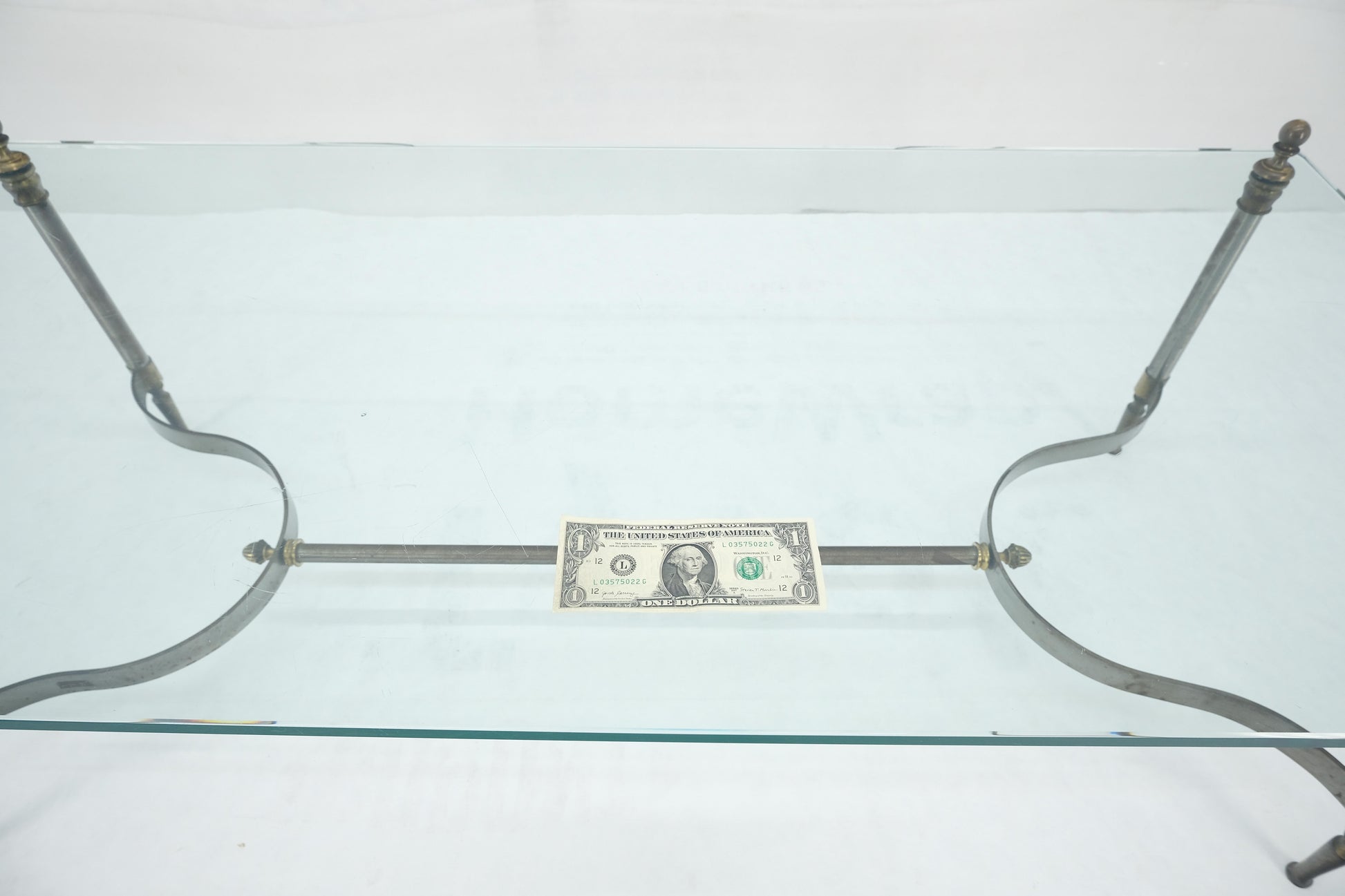 EstablishedLines Thick 3/4" 24x52 Rectangle Glass Top Chrome & Brass  Base MCM Coffee Patina