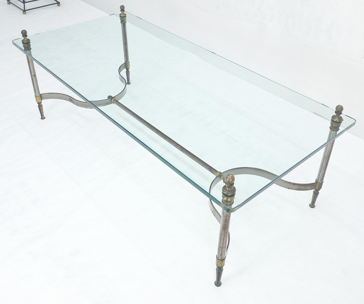 EstablishedLines Thick 3/4" 24x52 Rectangle Glass Top Chrome & Brass  Base MCM Coffee Patina