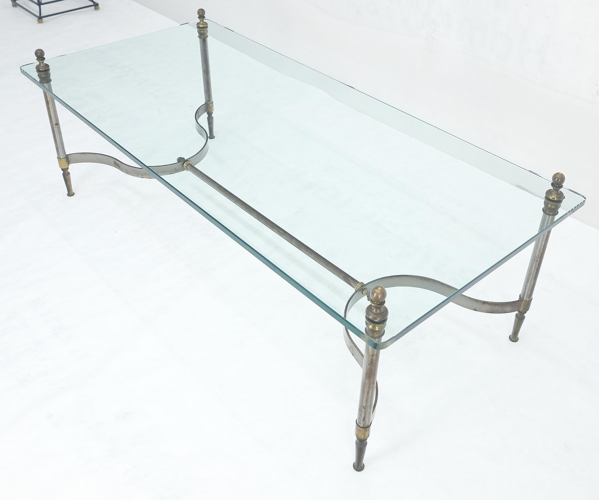 EstablishedLines Thick 3/4" 24x52 Rectangle Glass Top Chrome & Brass  Base MCM Coffee Patina