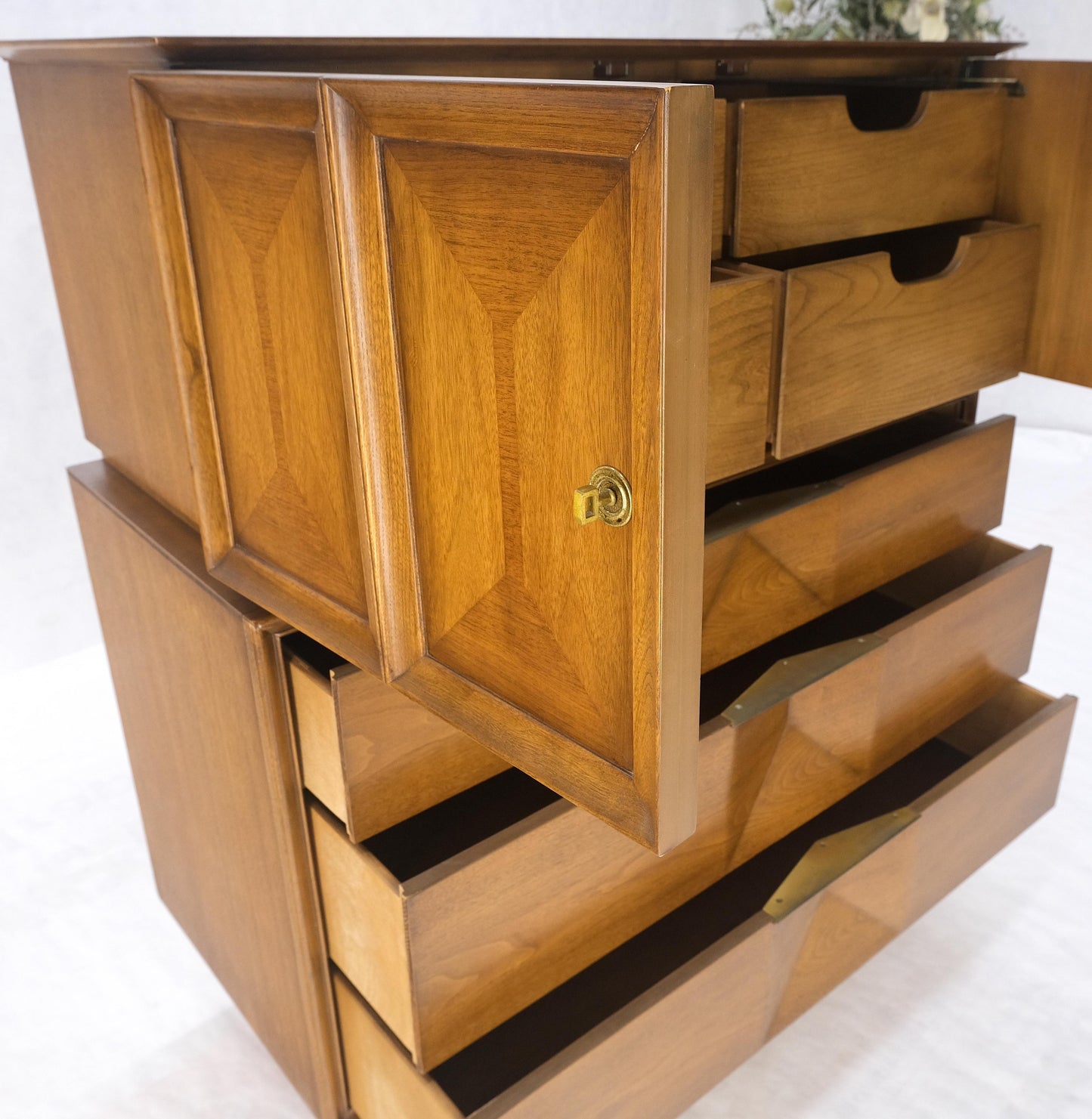 Light Walnut Sculptural Drawer Fronts Double Door Compartment High Chest Dresser
