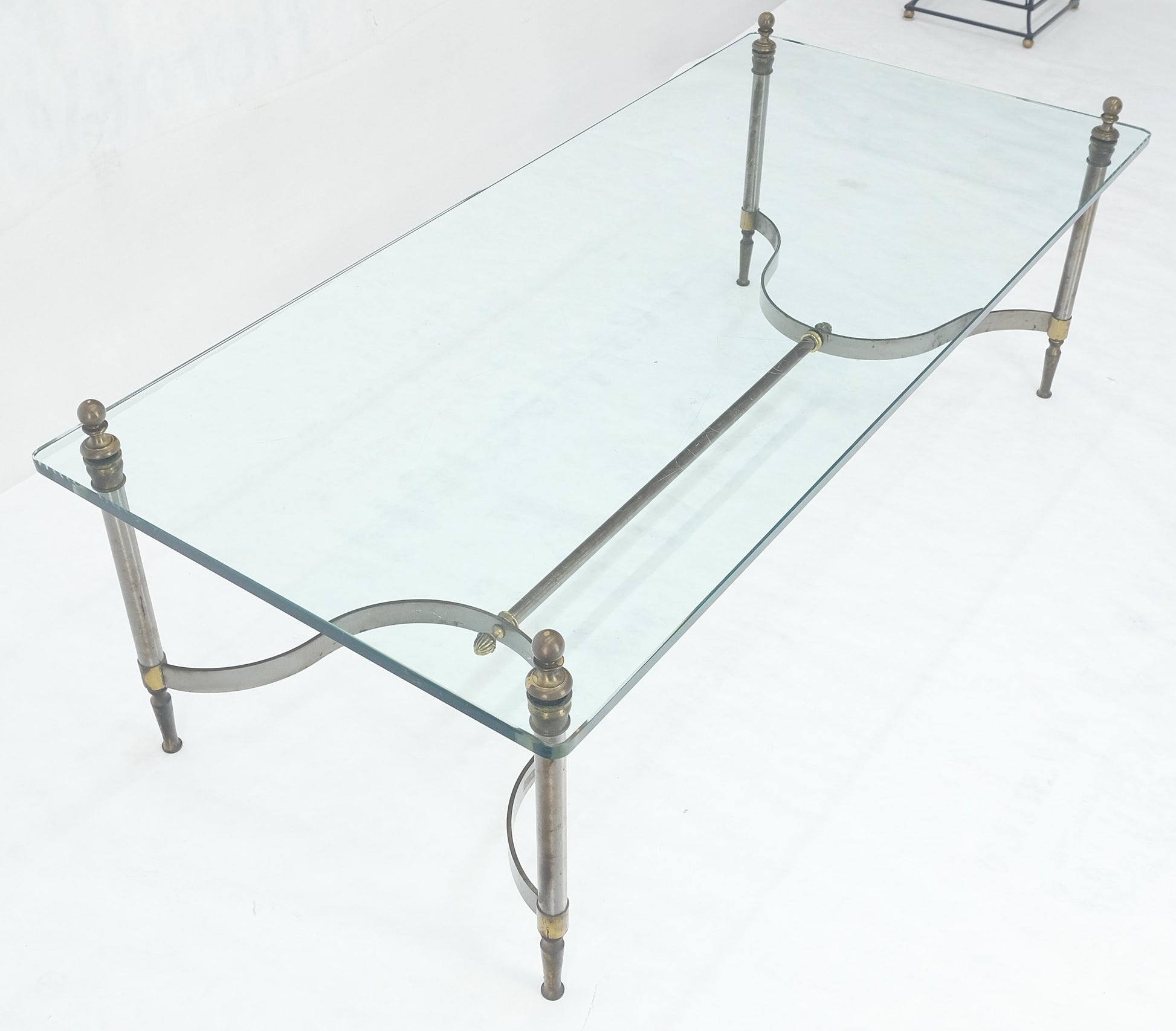 EstablishedLines Thick 3/4" 24x52 Rectangle Glass Top Chrome & Brass  Base MCM Coffee Patina