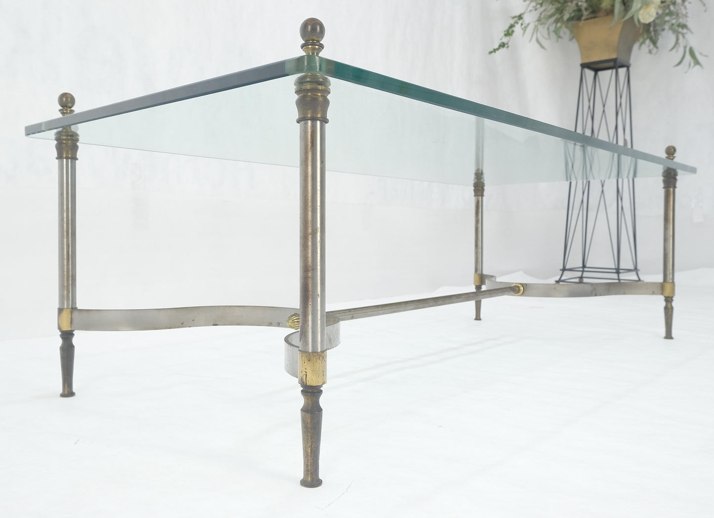EstablishedLines Thick 3/4" 24x52 Rectangle Glass Top Chrome & Brass  Base MCM Coffee Patina