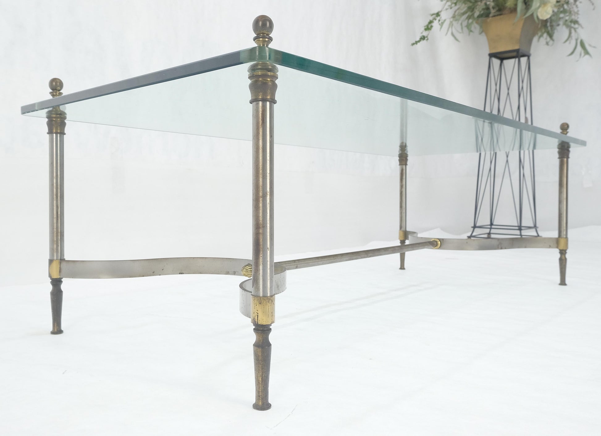 EstablishedLines Thick 3/4" 24x52 Rectangle Glass Top Chrome & Brass  Base MCM Coffee Patina