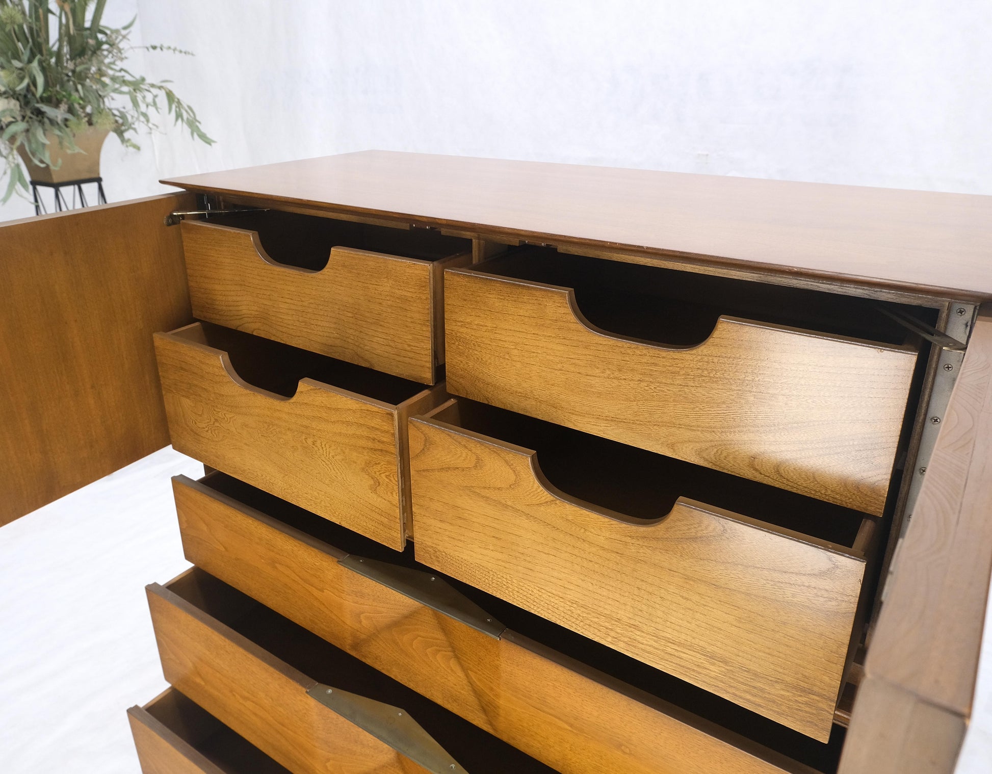 EstablishedLines Light Walnut Sculptural Drawer Fronts Double Door Compartment High Chest Dresser