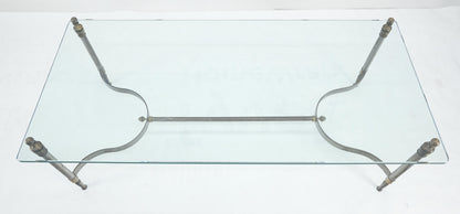 EstablishedLines Thick 3/4" 24x52 Rectangle Glass Top Chrome & Brass  Base MCM Coffee Patina