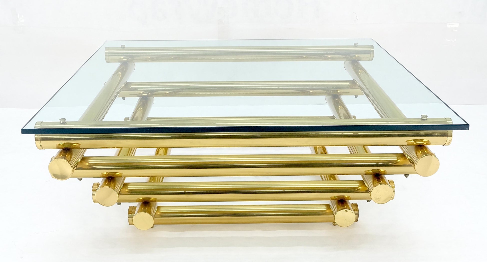EstablishedLines Solid Brass Tube Segment Pyramid Shape Base 36" Square Glass Top Coffee Table