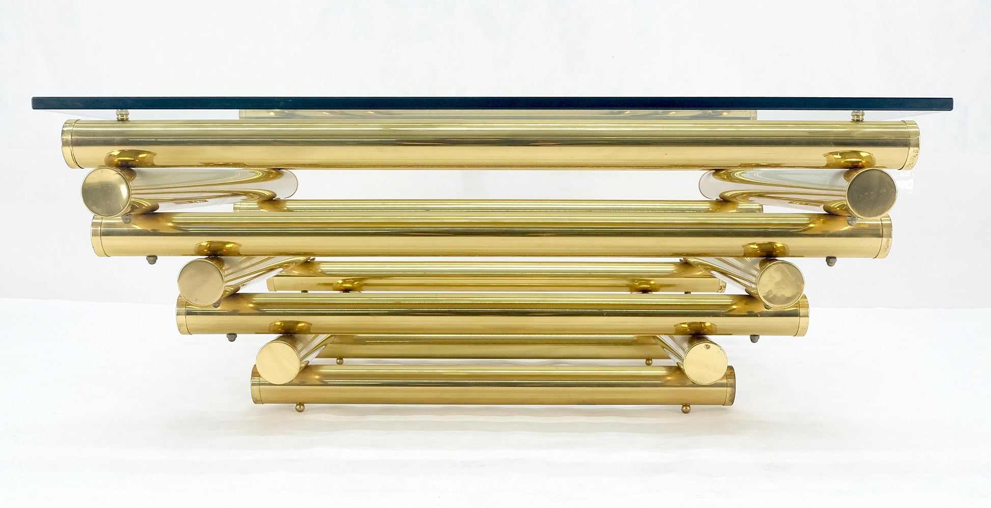 EstablishedLines Solid Brass Tube Segment Pyramid Shape Base 36" Square Glass Top Coffee Table