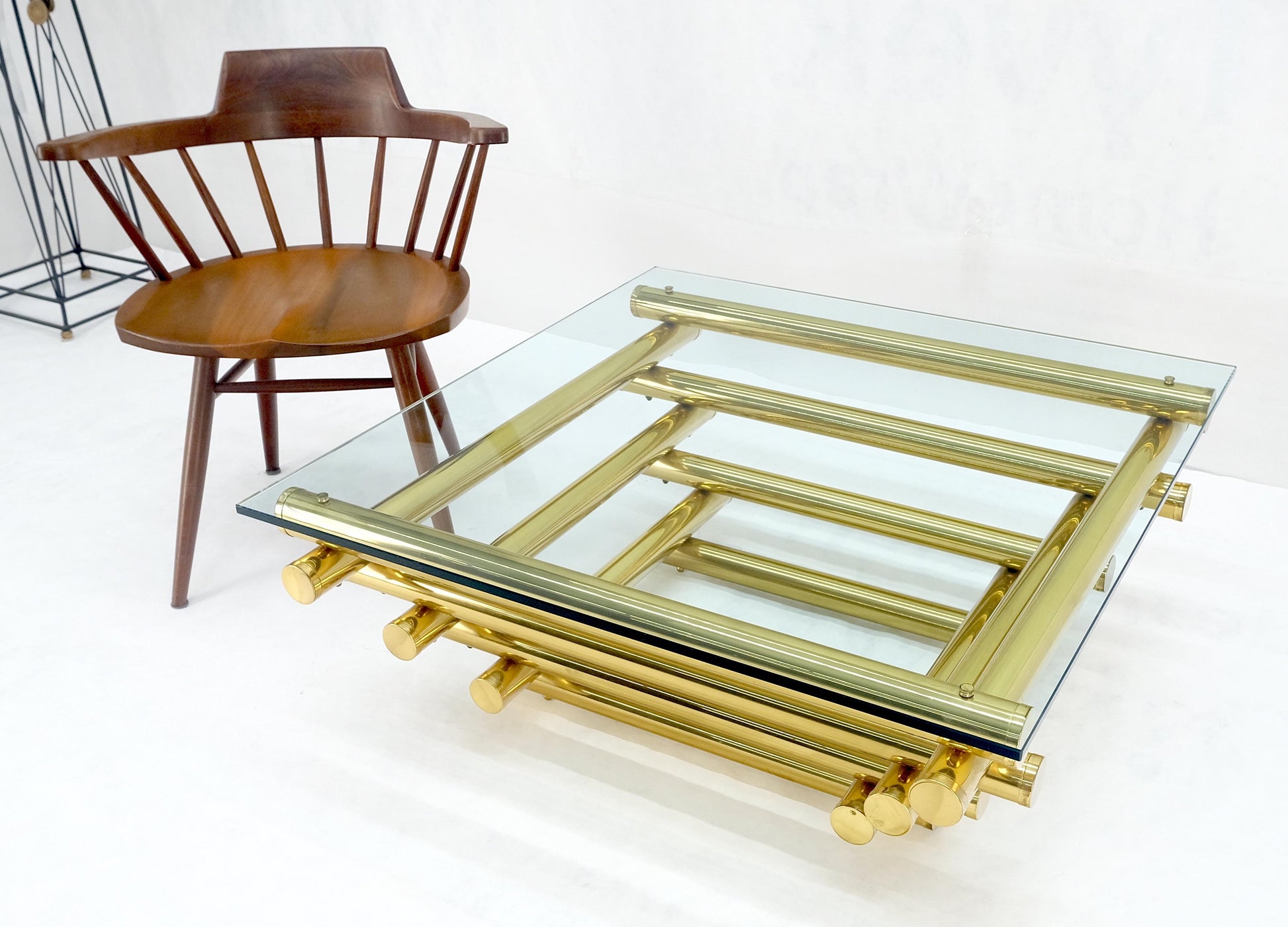 EstablishedLines Solid Brass Tube Segment Pyramid Shape Base 36" Square Glass Top Coffee Table