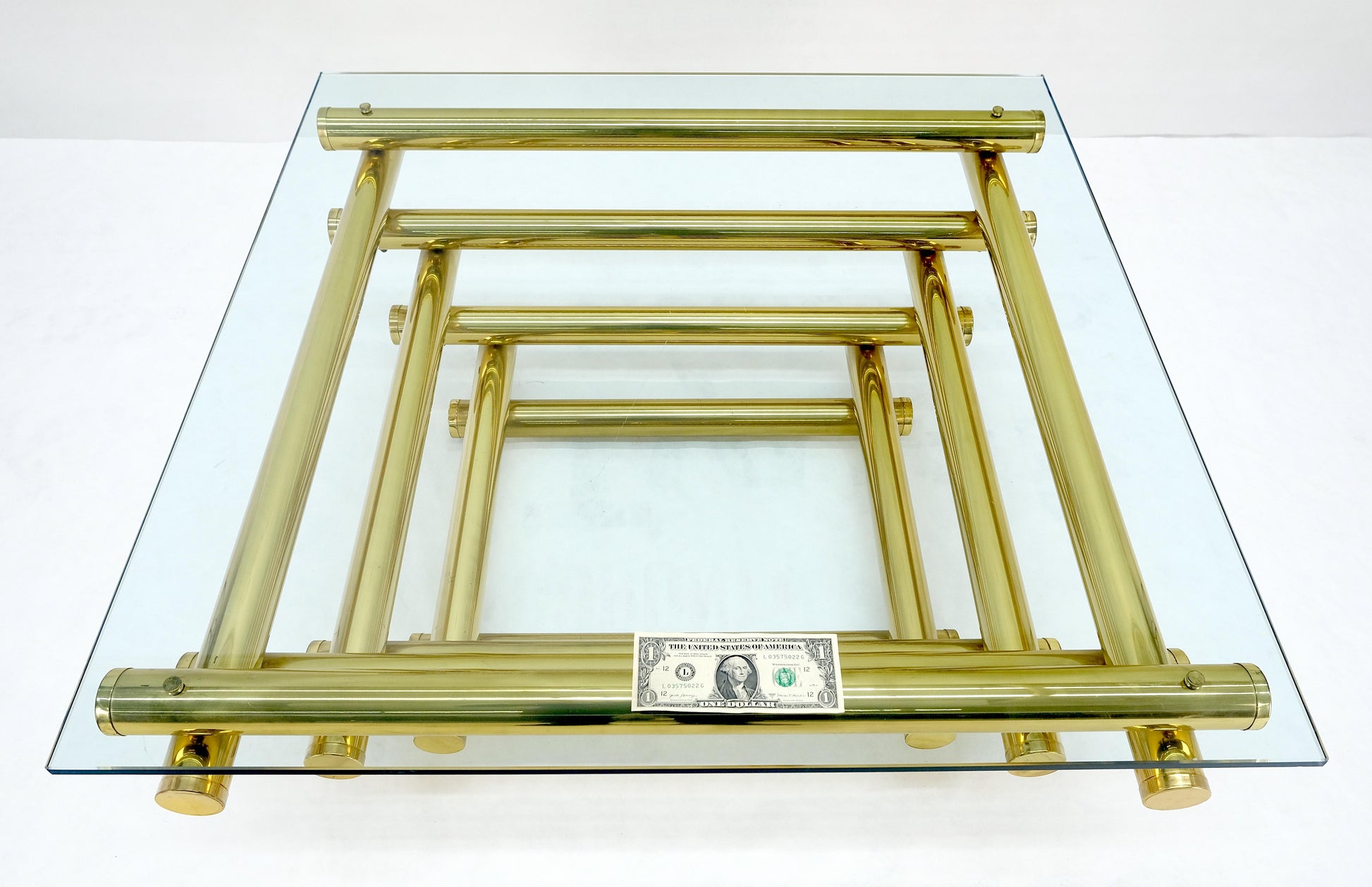 EstablishedLines Solid Brass Tube Segment Pyramid Shape Base 36" Square Glass Top Coffee Table