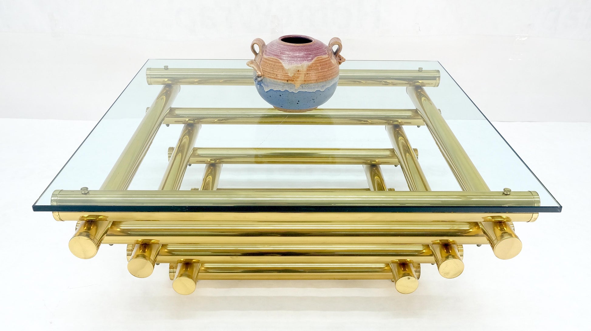 EstablishedLines Solid Brass Tube Segment Pyramid Shape Base 36" Square Glass Top Coffee Table