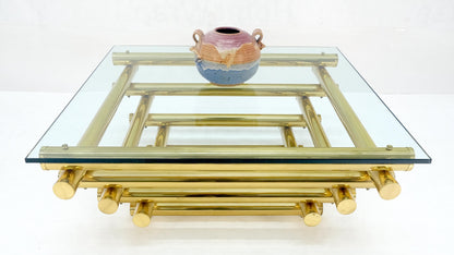 EstablishedLines Solid Brass Tube Segment Pyramid Shape Base 36" Square Glass Top Coffee Table