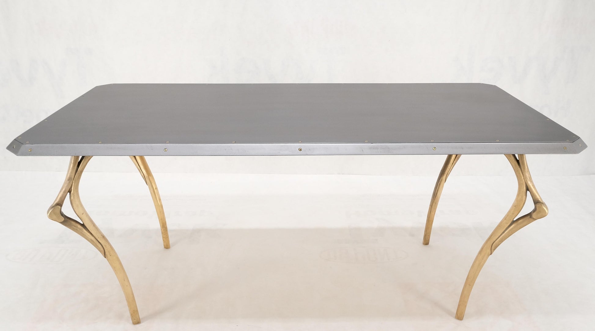 EstablishedLines Steam Punk Heavy Solid Bronze Leg Forged Steel Beveled Edge Top Dining Table