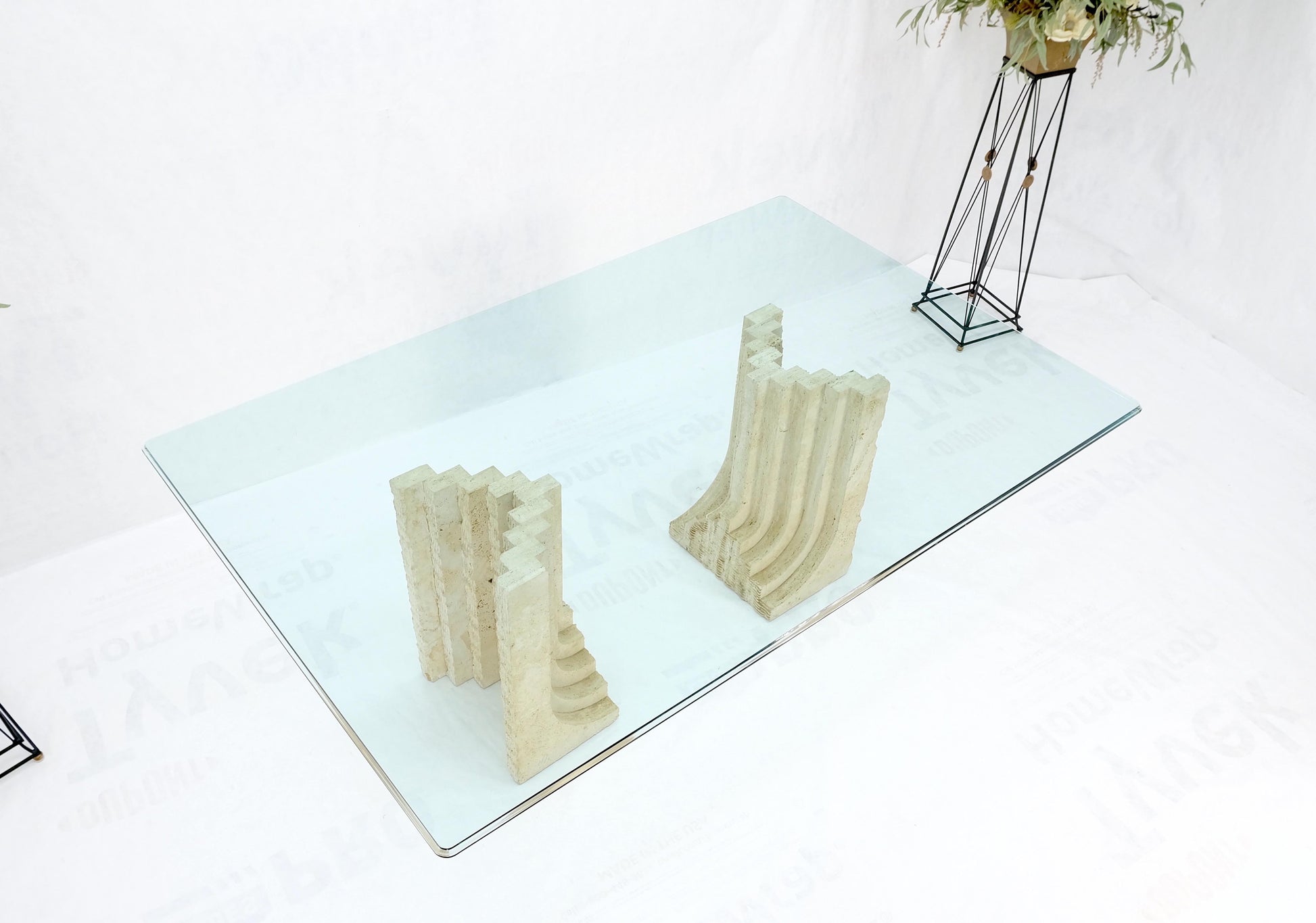 EstablishedLines Large Oversize Wide Rectangle Shape Glass Top Travertine Dining Conference Table