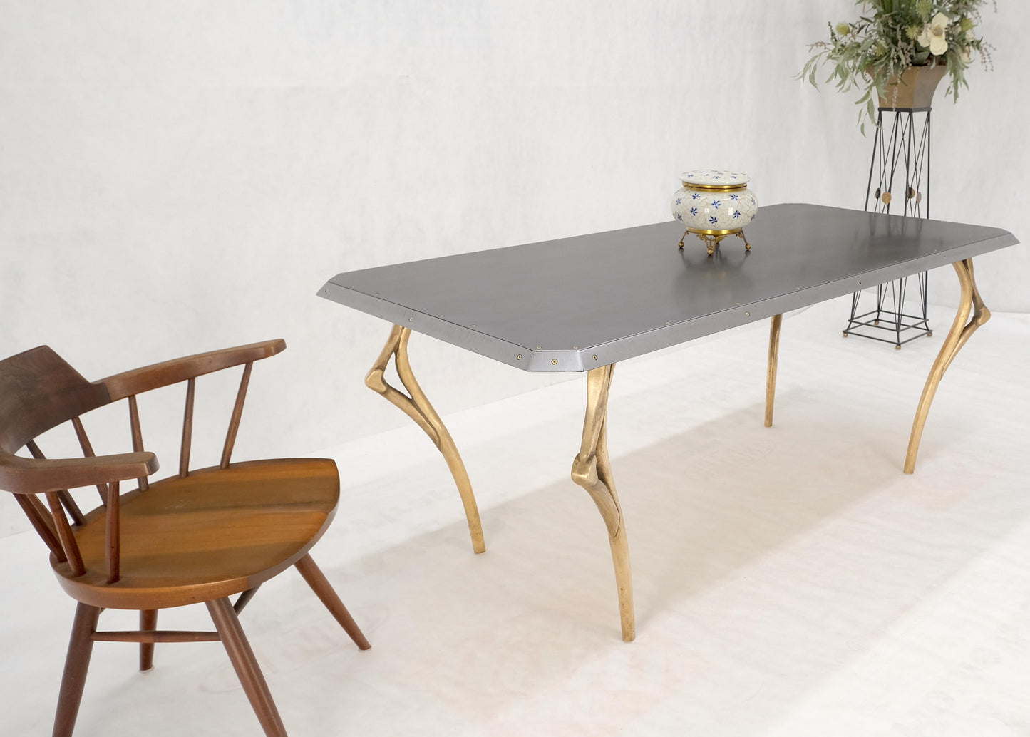 EstablishedLines Steam Punk Heavy Solid Bronze Leg Forged Steel Beveled Edge Top Dining Table