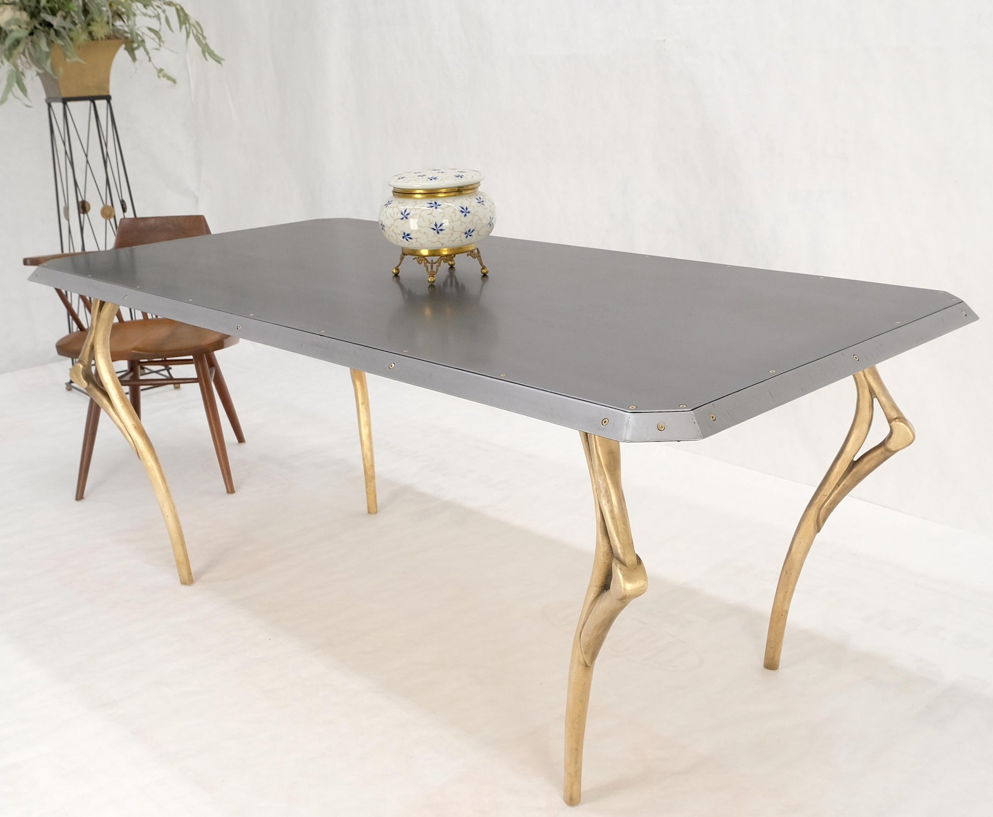 EstablishedLines Steam Punk Heavy Solid Bronze Leg Forged Steel Beveled Edge Top Dining Table