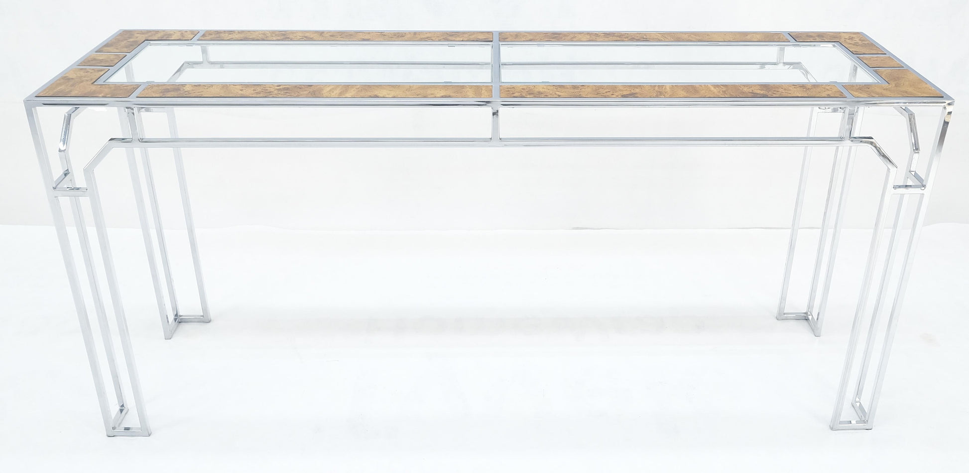 EstablishedLines Chrome Glass Burl Wood 58" Long Mid Century Modern Console Sofa Table MINT