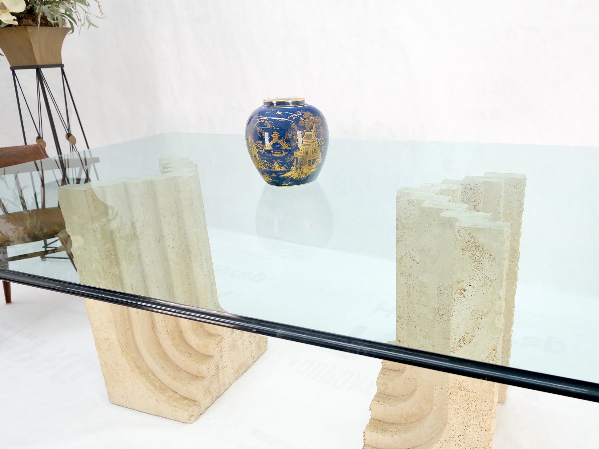 EstablishedLines Large Oversize Wide Rectangle Shape Glass Top Travertine Dining Conference Table