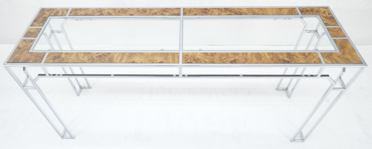 EstablishedLines Chrome Glass Burl Wood 58" Long Mid Century Modern Console Sofa Table MINT