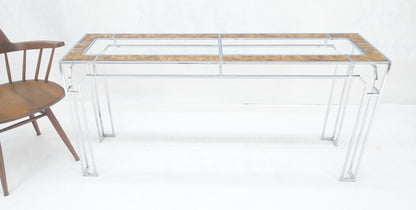 EstablishedLines Chrome Glass Burl Wood 58" Long Mid Century Modern Console Sofa Table MINT