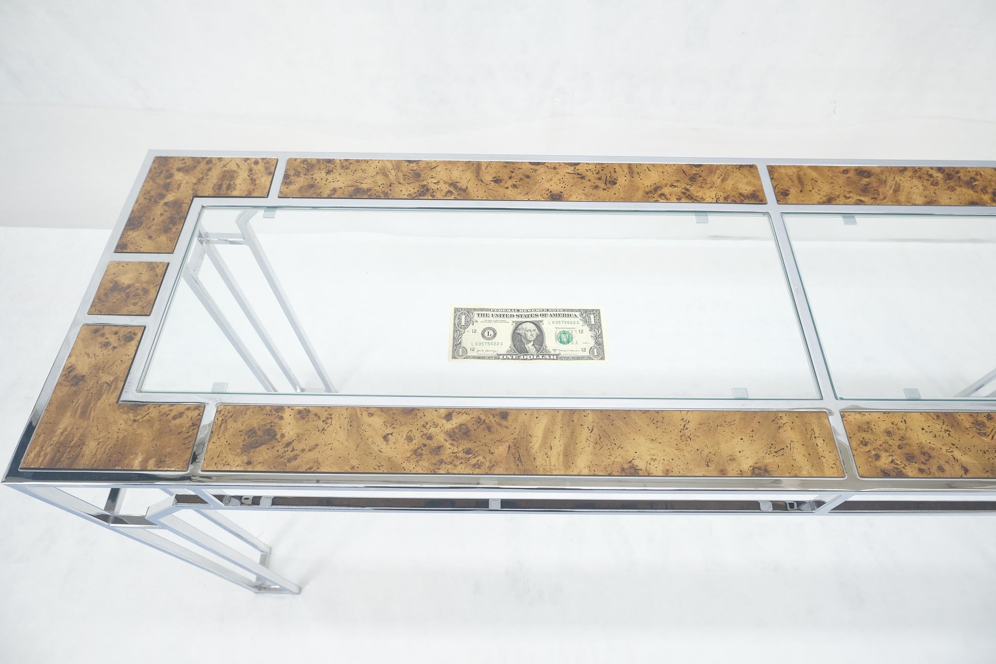 EstablishedLines Chrome Glass Burl Wood 58" Long Mid Century Modern Console Sofa Table MINT