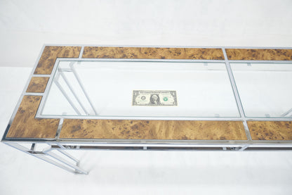 EstablishedLines Chrome Glass Burl Wood 58" Long Mid Century Modern Console Sofa Table MINT