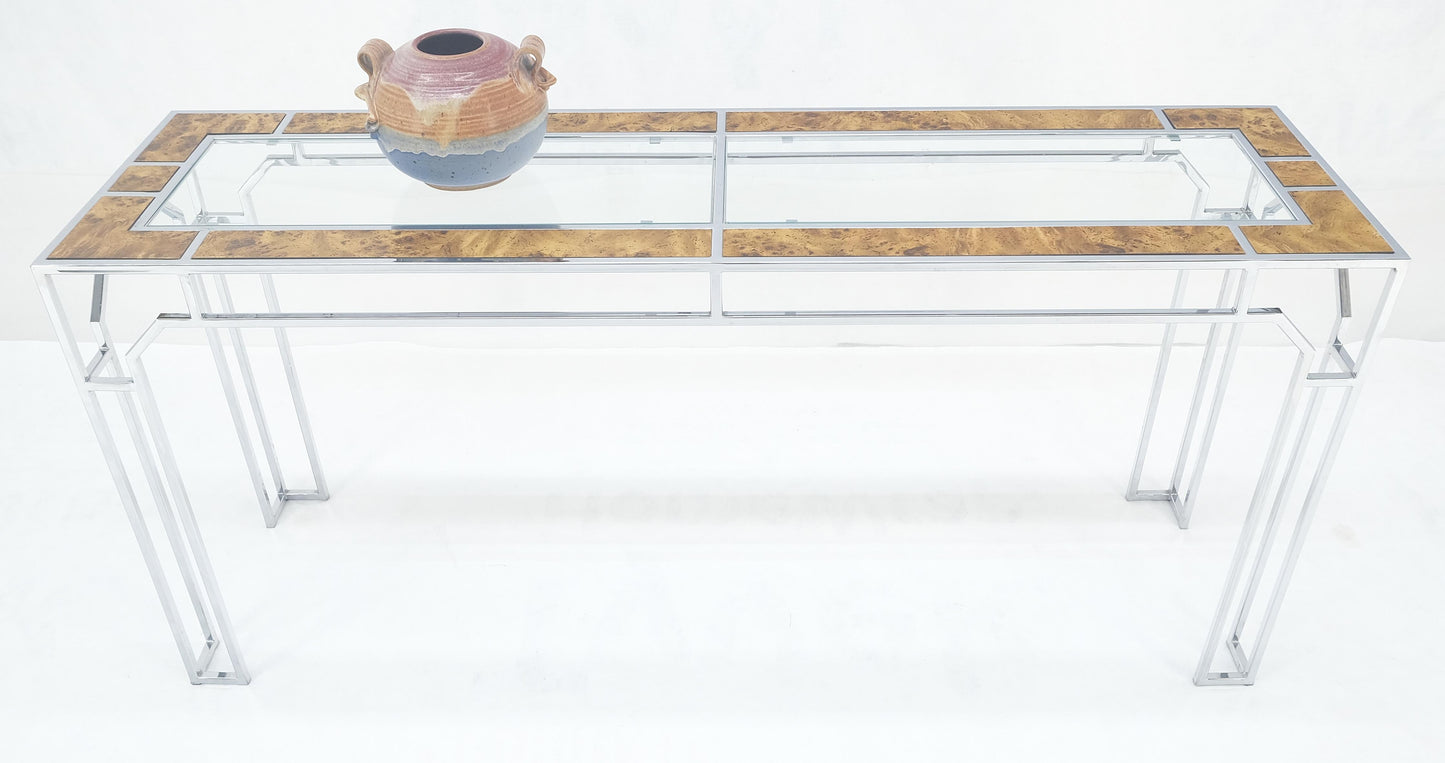 EstablishedLines Chrome Glass Burl Wood 58" Long Mid Century Modern Console Sofa Table MINT